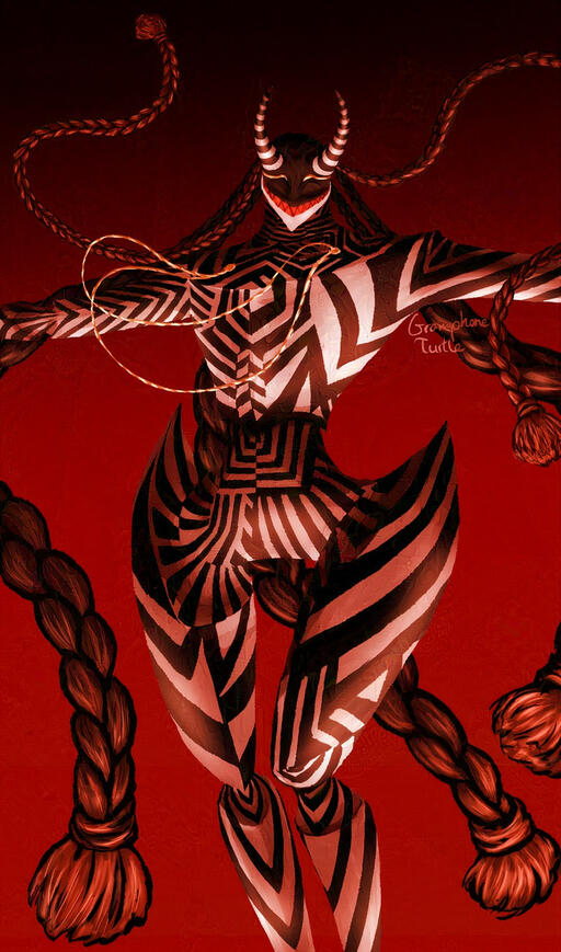 Mixed style, Basic BG (Gradient) - Loki (P5). Loki&#39;s body is more realistic, while his braids, and chains are sharper.