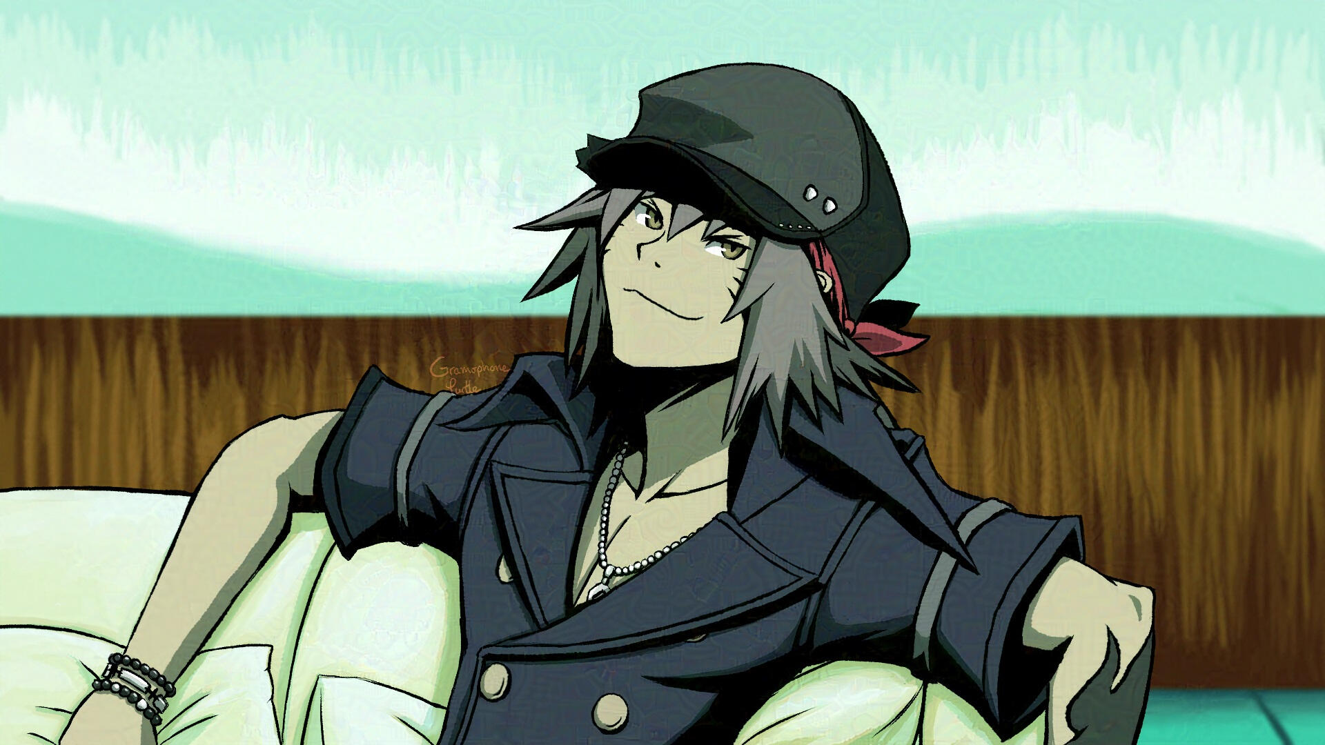 Sho Minamimoto From TWEWY sitting on a couch in the Dead God's Pad.