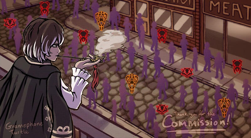 Moses, Distortion Detective x TWEWY, looking down at a city crowd full of Noise