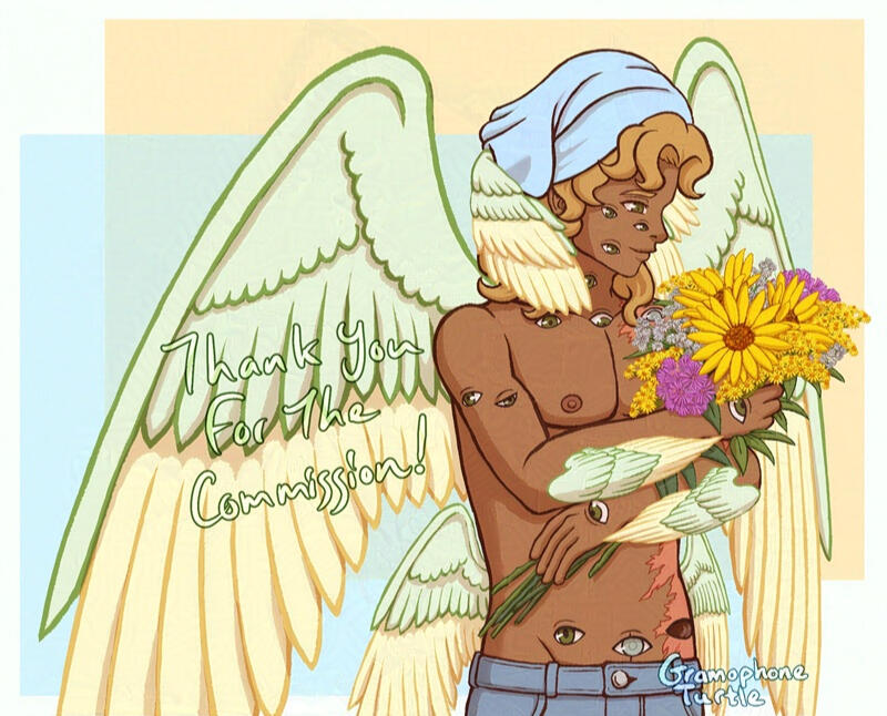 Half Body, Simple BG - @tobias-is-trying.bsky.social's OC. A biblical angel holding a bouquet of flowers.