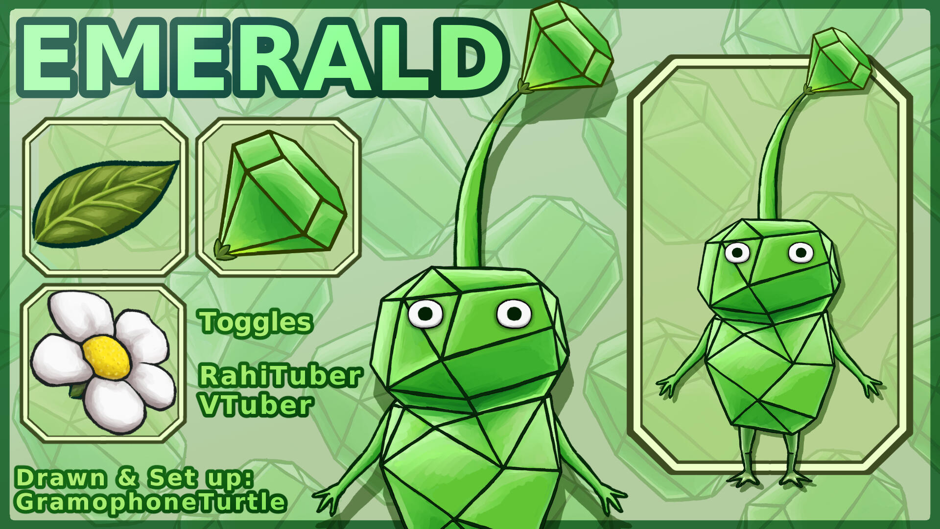 A graphic showing off Emerald, an emerald themed Pikmin with a small emerald at the end of their stem, with a close up in the center and a full body view on the right side. On the left there are three stem ending toggles they can have - a leaf, gem and whi