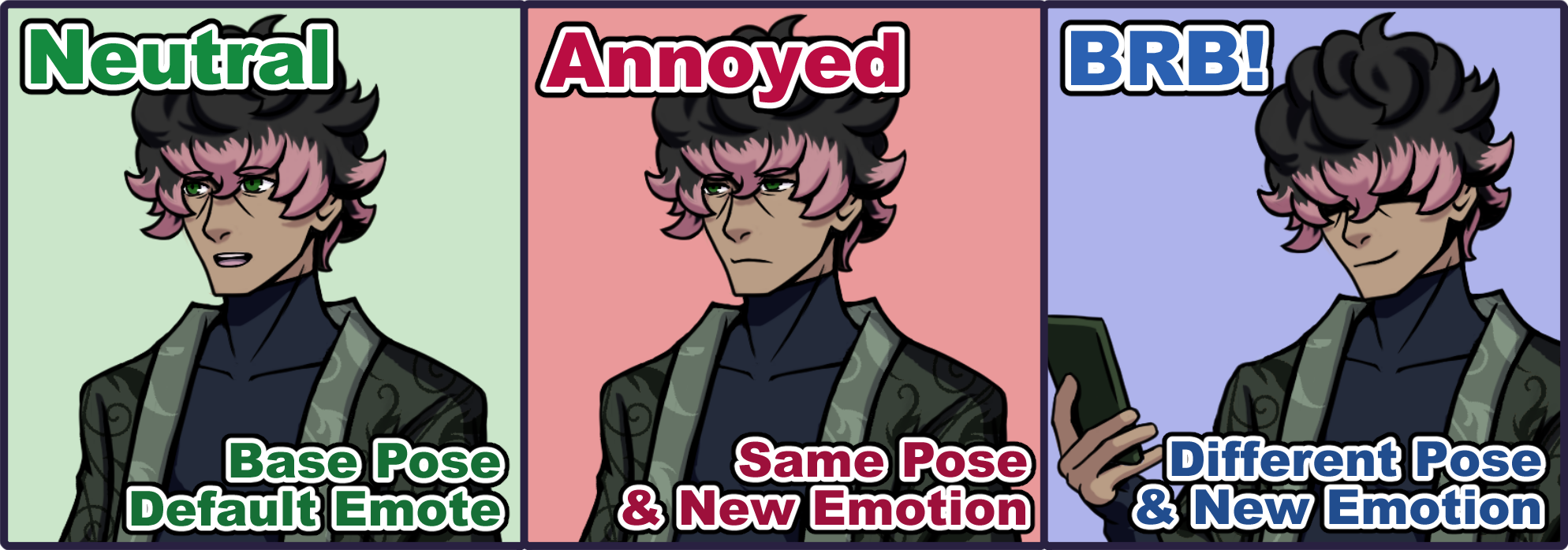 My Null OC VTuber displaying three 3 Emotes across 2 Poses.