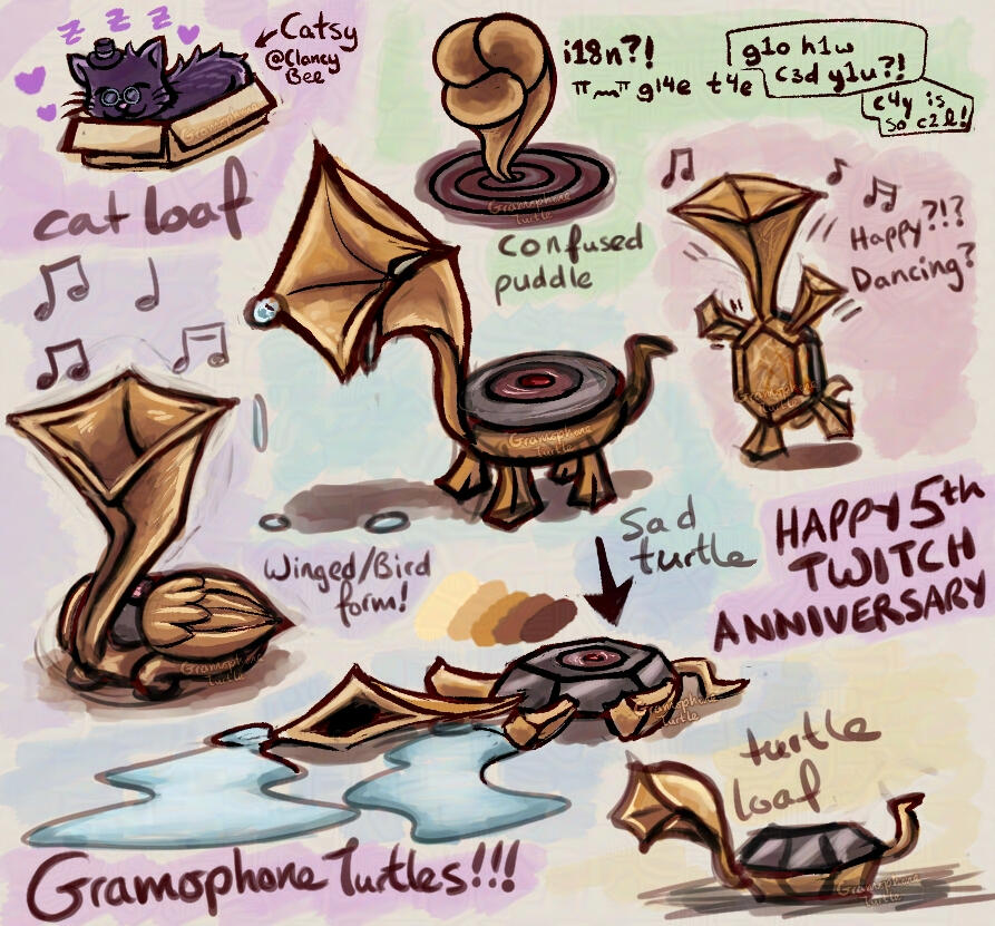 Full Body Coloured Sketches (Soft) - gramophone turtles (My OCs) and one Catsy (ClancyBee) ClancyBee